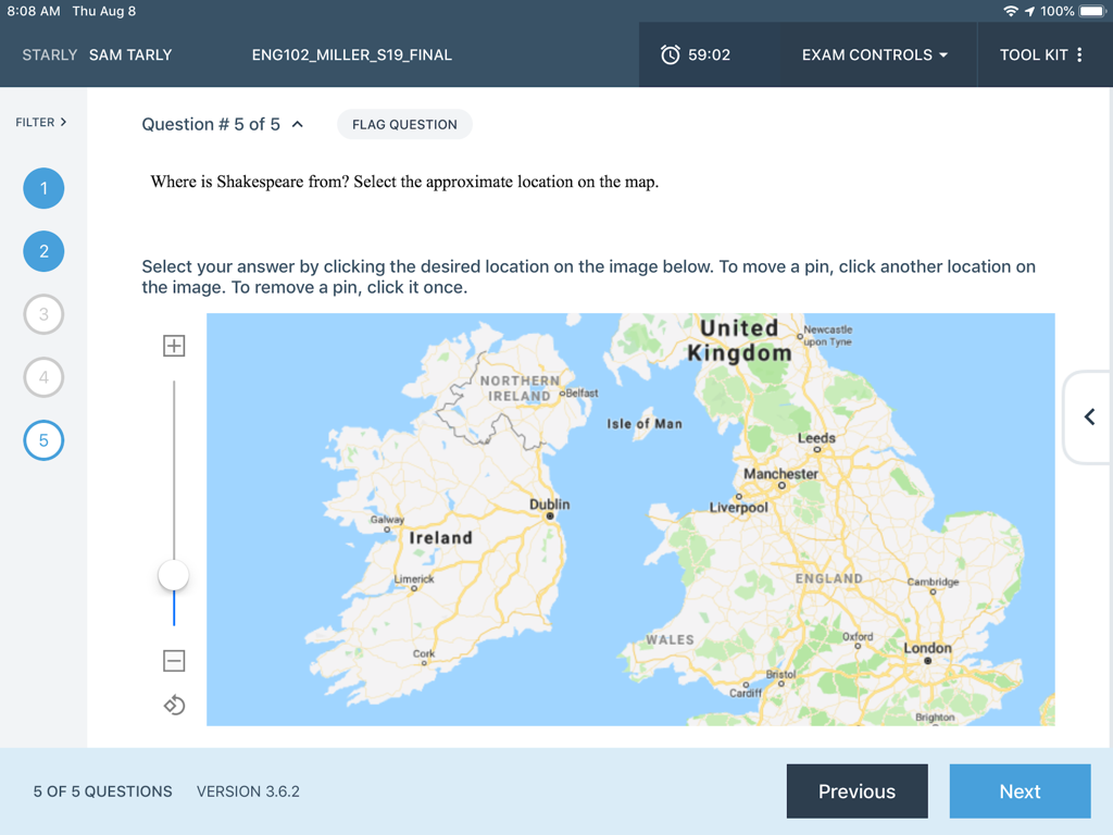 Examplify iPad app interface showing a map-based examination question about Shakespeare's origin with navigation and timer controls