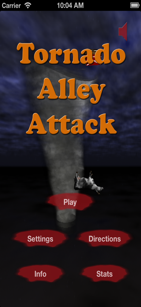 Tornado Alley Attack - Main menu of Tornado Alley Attack mobile game featuring a tornado and flying cow