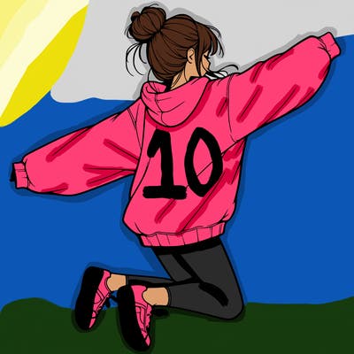 realistic girl jumping with a bun and oversized sweatshirt