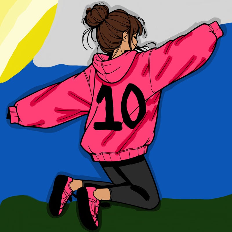 realistic girl jumping with a bun and oversized sweatshirt