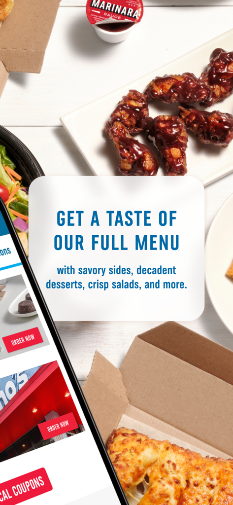 Domino's Pizza USA - Promotion of the Domino's Pizza USA app full menu showing chicken wings and side dishes on a smartphone