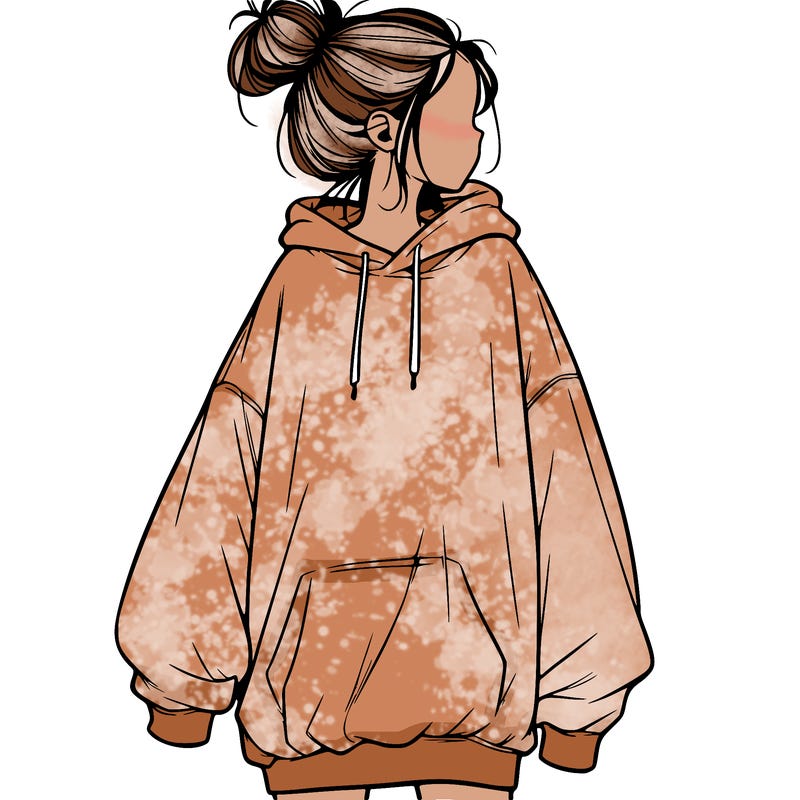 realistic girl with a oversized sweatshirt on and a bun