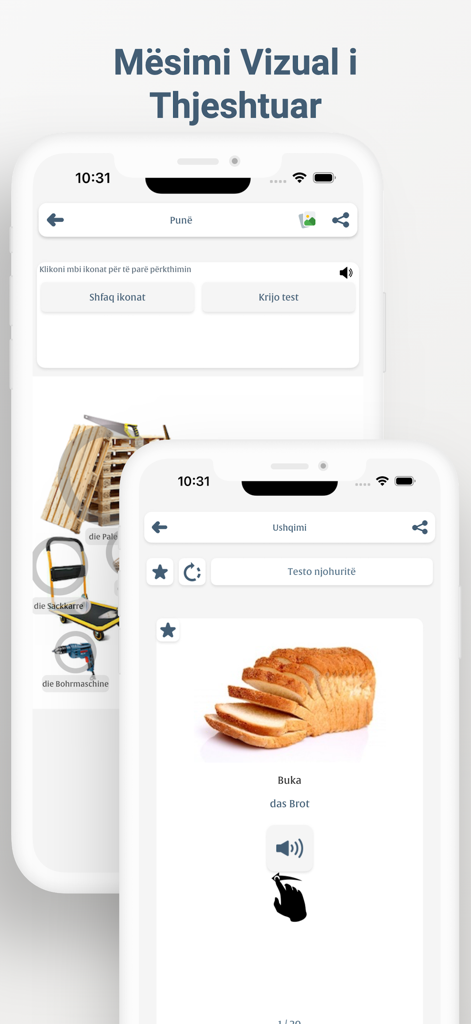 Interfaz de la aplicación Aprende Alemán que muestra lecciones de vocabulario visual para que los hablantes de albanés aprendan alemán.