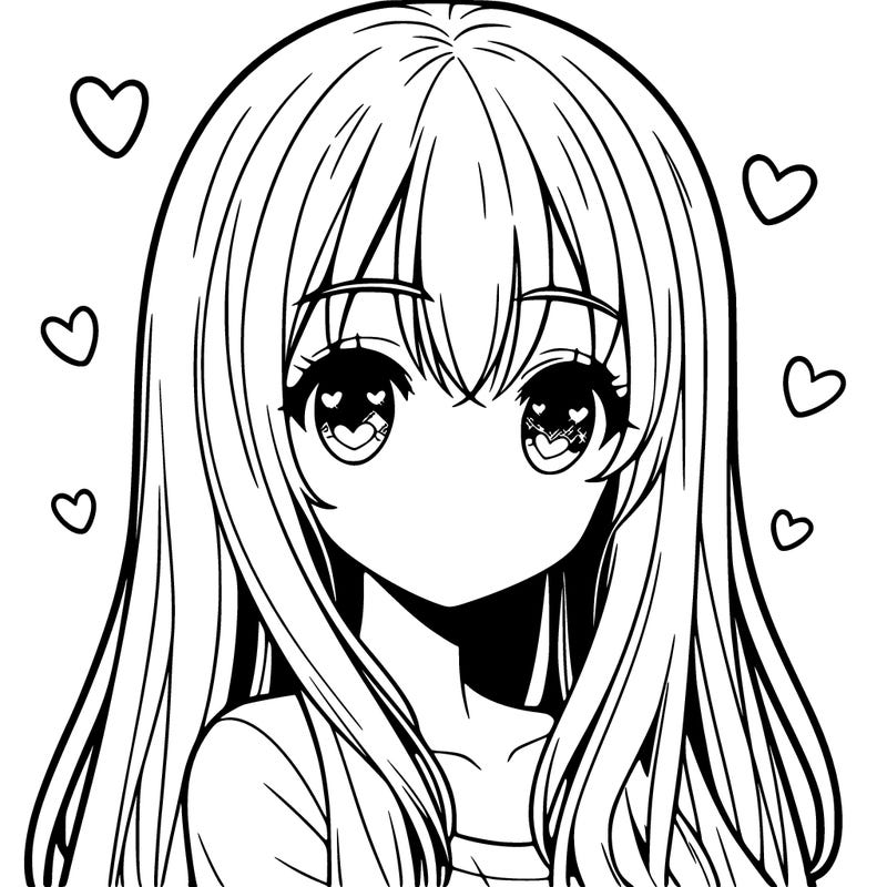 anime girl with long hair with straight fringe bangs and heart eye pupils