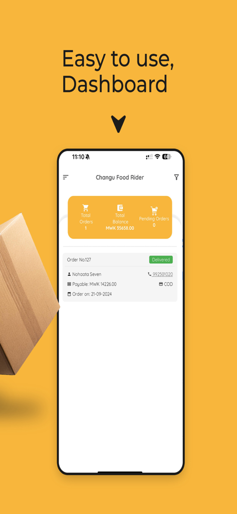 Changu Food Rider app dashboard showing earnings and order history