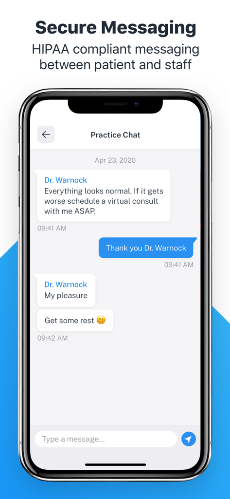 Interface do aplicativo RxPhoto mostrando mensagens seguras em conformidade com HIPAA entre um médico e um paciente