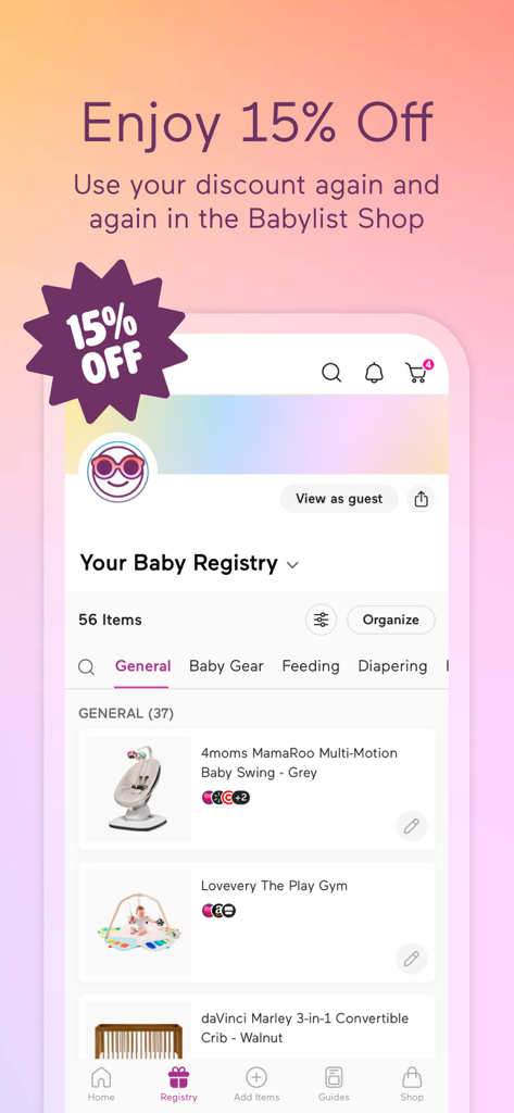Babylist mobile app interface showing a baby registry list and a fifteen percent discount badge