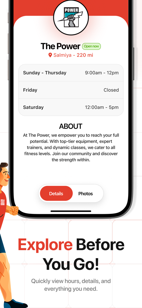 STAX app gym profile screen showing opening hours and details for a local fitness center