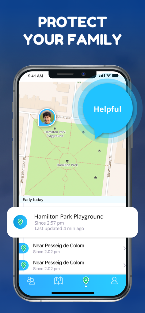 Smartphone screen showing family location tracking on a map with the title Protect Your Family