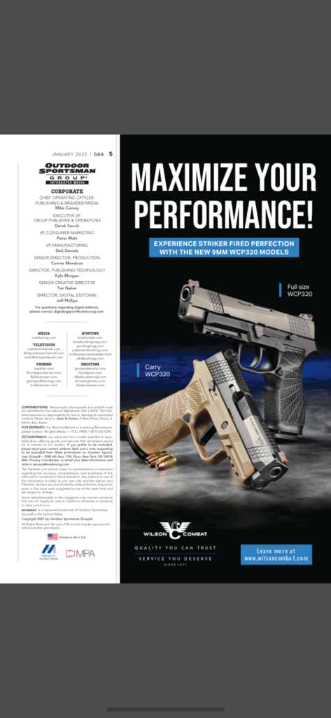 Guns & Ammo - Digital magazine page with editorial masthead and Wilson Combat pistol advertisement