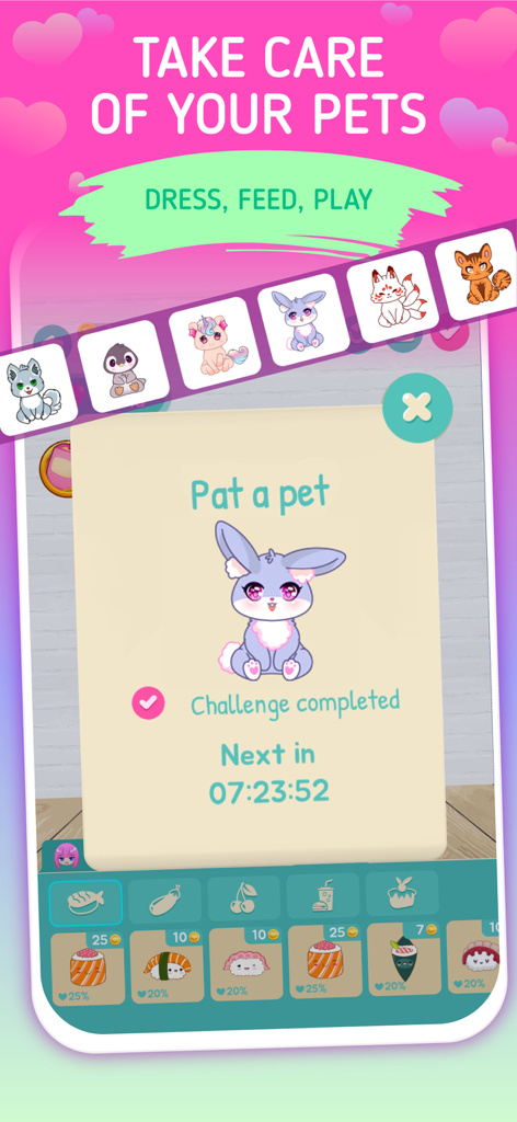 Chibi Doll Maker Dress Up Game - A screenshot of the Glamora app showing the pet care feature with a purple bunny and various food items.