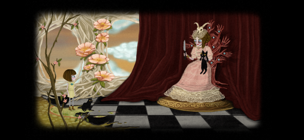 Fran Bow - A hand-painted scene from Fran Bow showing Fran and her cat facing a mysterious woman on a throne of hands