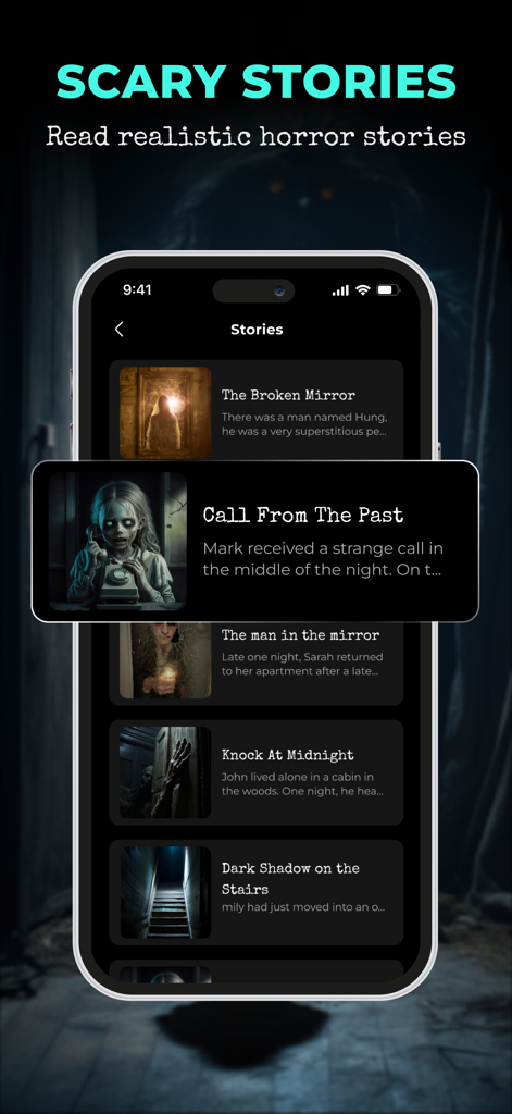 Una colección de historias de terror espeluznantes dentro de la interfaz de la aplicación Detector de Fantasmas