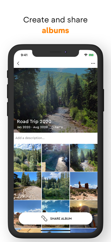 Interfaz de la aplicación móvil My Cloud OS 5 que muestra un álbum de fotos titulado Road Trip 2020 con un botón para compartir álbum.