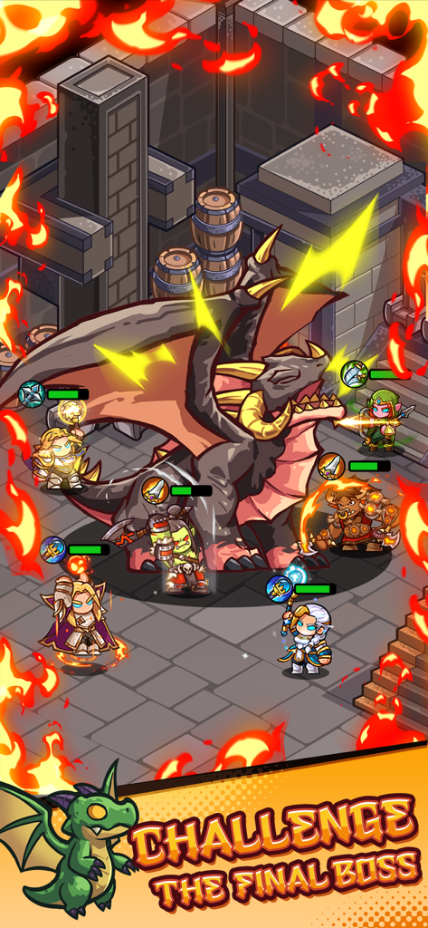 Mini Legion: Warband - Un gruppo di eroi stilizzati che combattono un grande drago boss nel gioco mobile Mini Legion Warband.