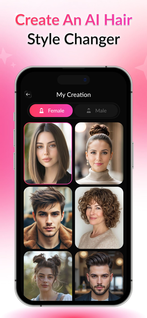 Mobile app screen showing a gallery of AI generated hairstyles for men and women
