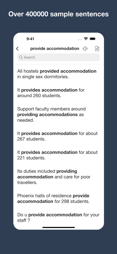 English Collocation Sentence - Screenshot of the English Collocation Sentence app showing multiple usage examples for the phrase provide accommodation.