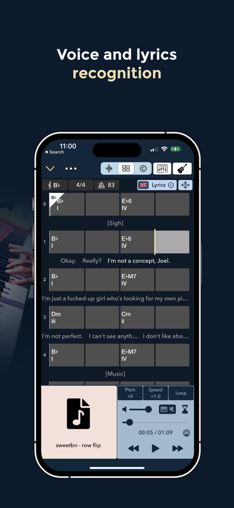 Music Memos - Chords & Lyrics - Smartphone mostrando la aplicación Music Memos con letras sincronizadas y reconocimiento de acordes para componer canciones