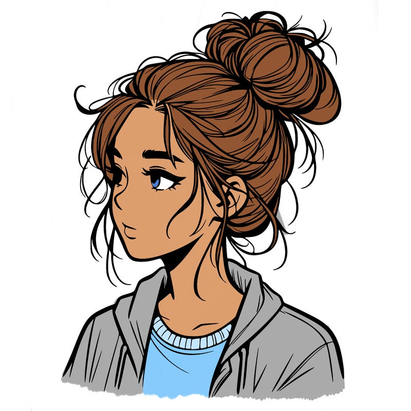 realistic teenage girl with a messy bun
