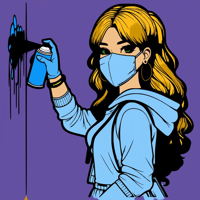 realistic girl with mask spray painting a wall