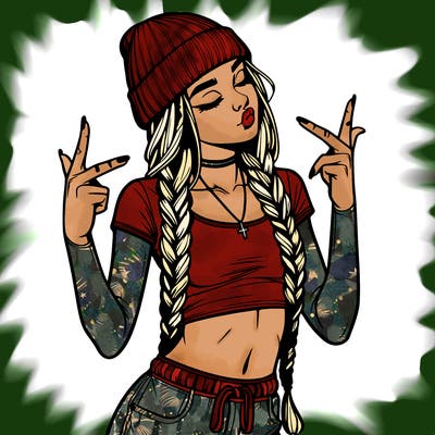 realistic teenage girl with braids and a beanie and crop top doing 🫶🏼