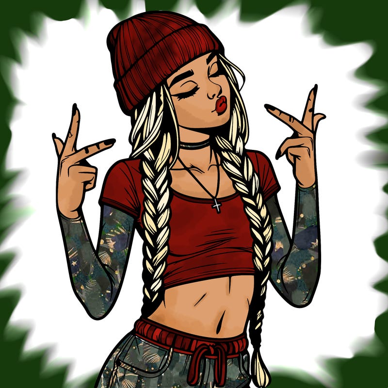 realistic teenage girl with braids and a beanie and crop top doing 🫶🏼