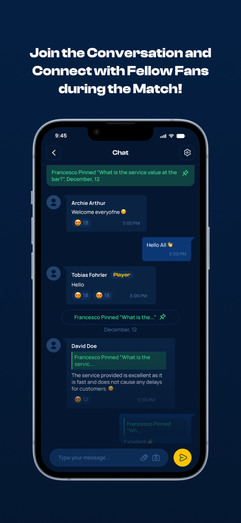 HCAP Digital Hockey - HCAP Digital Hockey App Mobile Chat-Oberfläche mit Echtzeit-Fan-Interaktion und Spielernachrichten während eines Eishockey-Spiels.