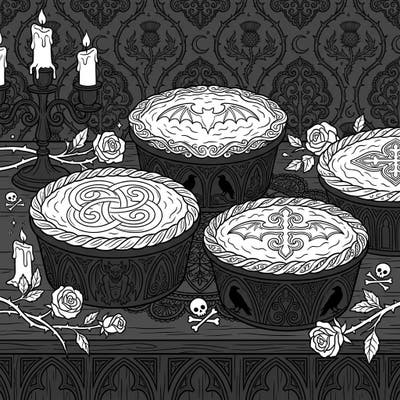 Unleash your creativity with this unique Gothic Shepherd's Pies coloring page, combining savory comfort food with a mysterious, ornate aesthetic. Delight in intricate designs featuring bats, Celtic knots, and Victorian lace as you bring this dark fantasy scene to life.