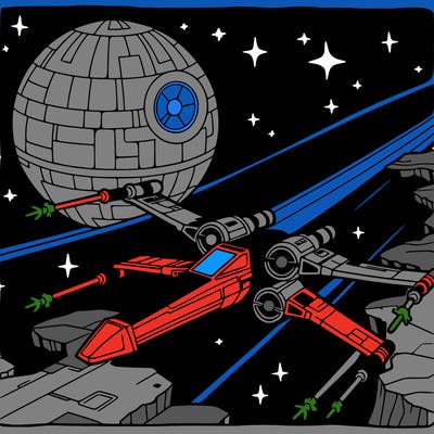 x-wing starfighter flying through a trench on the death star