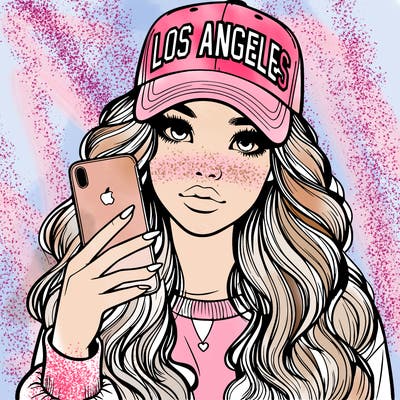 realistic beautiful girl wearing los ángeles cap holding an iphone