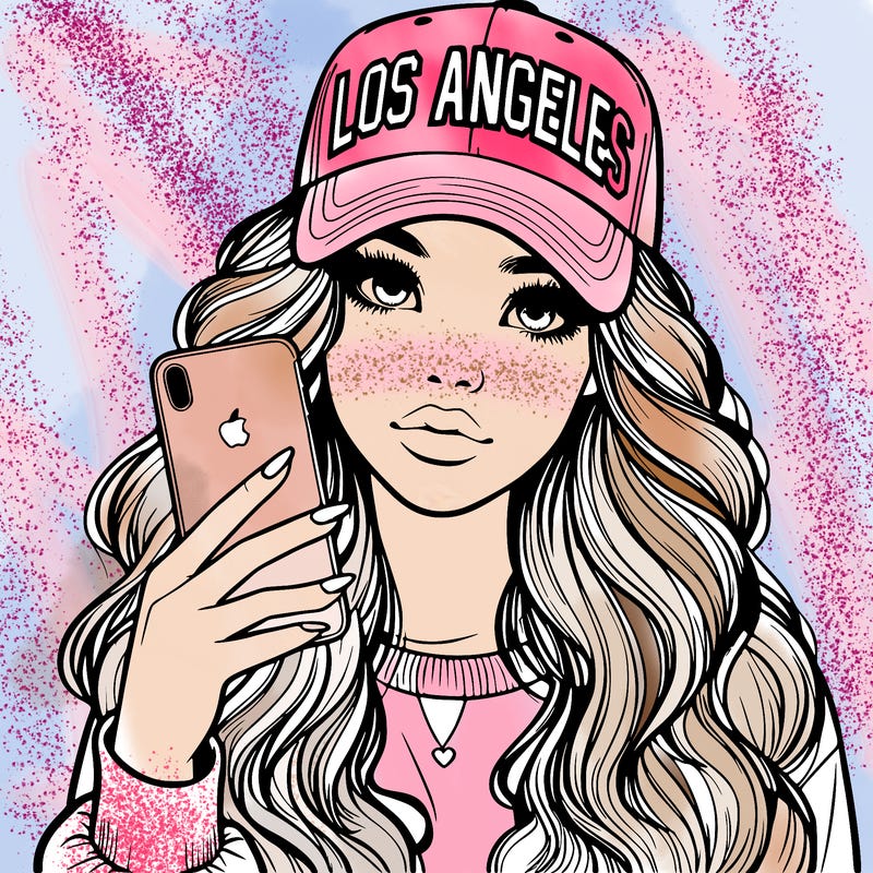 realistic beautiful girl wearing los ángeles cap holding an iphone