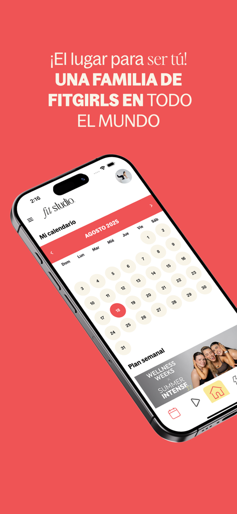 Fit App by Tania de Alba - Smartphone mostrando el calendario de ejercicios de Fit App by Tania de Alba y el plan de fitness semanal en español.