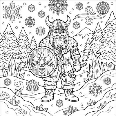 Set sail on a frosty artistic journey with this captivating coloring page featuring a robust Viking explorer. Dive into a snowy landscape filled with intricate details, perfect for a cozy winter coloring session.