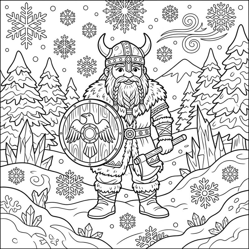 Set sail on a frosty artistic journey with this captivating coloring page featuring a robust Viking explorer. Dive into a snowy landscape filled with intricate details, perfect for a cozy winter coloring session.