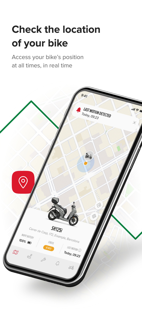 Mobile screen showing the Honda Mapit app interface with a real-time GPS location of a motorcycle on a city map.