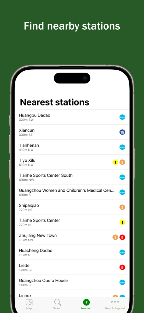 Explore Guangzhou - Smartphone screen displaying a list of the nearest metro stations in Guangzhou with distances and line icons.