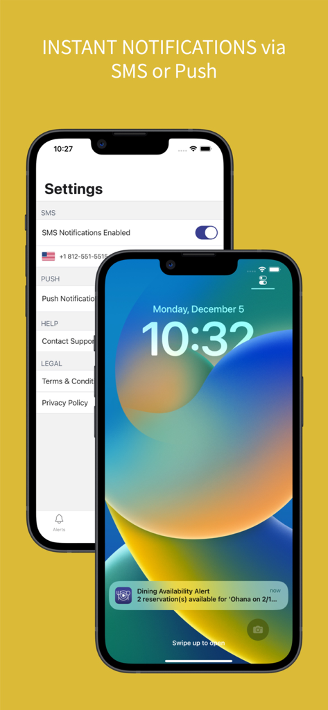 MagicTable app interface showing SMS notification settings and a push notification for a Disney restaurant reservation alert
