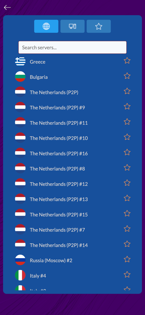 Trust VPN - Trust VPN app interface showing a list of available international servers for selection