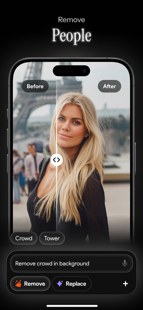 Photo Editor Eraser AI: Vanish - Vanish AI 사진 편집기를 사용하여 사진 배경에서 군중을 제거한 전후 비교.