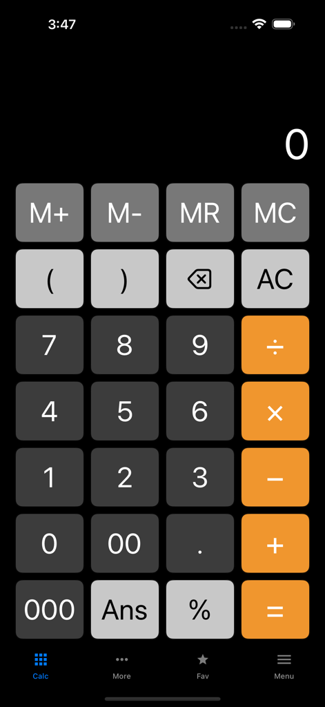 Standard calculator interface of OneCalc app featuring a numeric keypad and mathematical operators
