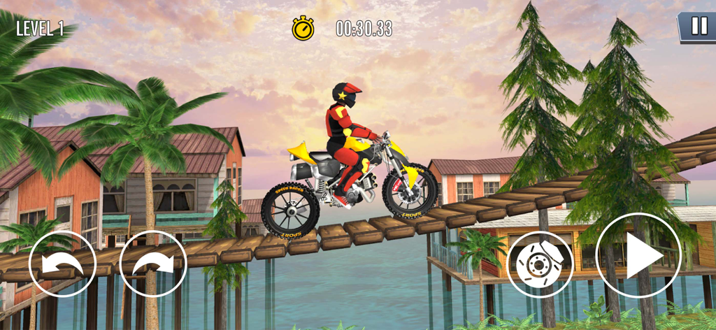Bike Extreme 3D Pro Master - A motocross rider on a yellow dirt bike crossing a wooden bridge over water in a 3D racing game