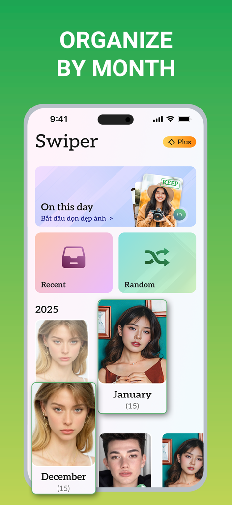 Photos Cleaner: Swipe & Delete - Una pantalla de la aplicación Photos Cleaner que muestra una interfaz de galería donde las fotos están organizadas en carpetas mensuales como enero y diciembre