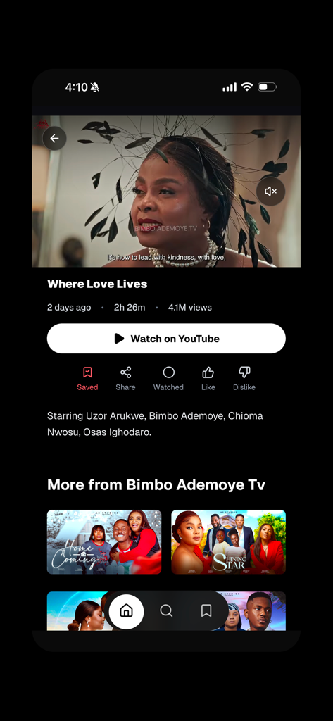 Filmflux - Filmflux app interface showing a movie details page for Where Love Lives with Nollywood content and actor recommendations