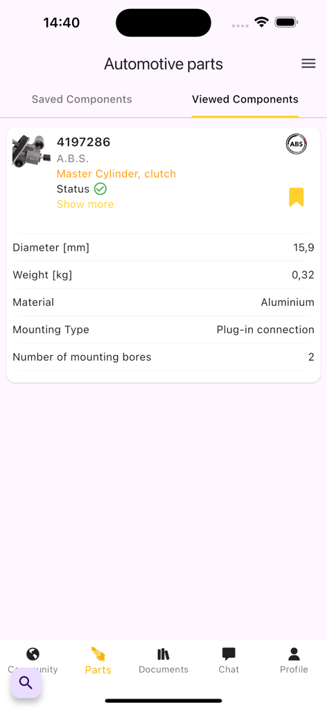 KPARTS - Auto Parts Catalogs - Detailed specifications for a clutch master cylinder on the KPARTS app