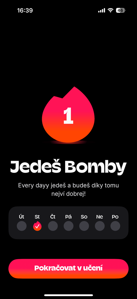 Kuba - English parťák do kapsy - Kuba English app daily streak tracker showing one day completed
