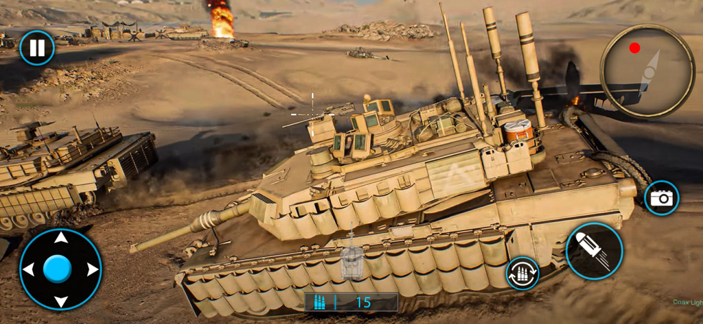 WW2 : Strike Hero War Games 3D - Action screenshot of a tank in a desert battlefield from the WW2 Strike Hero mobile game.