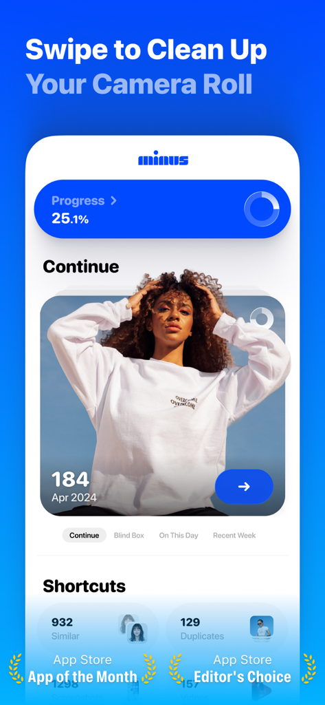 Photos Cleaner: Minus Photos - Interfaccia dell'app Minus Photos con la funzione scorri per pulire il rullino e la dashboard di avanzamento dello spazio di archiviazione