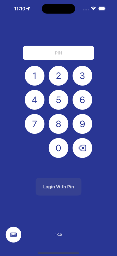 Rasters Navigation - Numeric PIN pad login screen for the Rasters Navigation mobile app