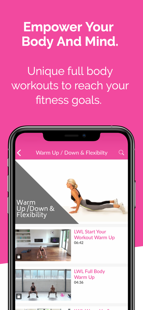 Lean With Lesley - Lean With Lesley mobile app showing warm up and flexibility workout videos