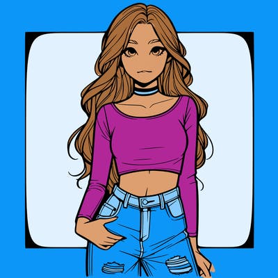 a realistic girl in a crop top and ripped jeans with long hair
